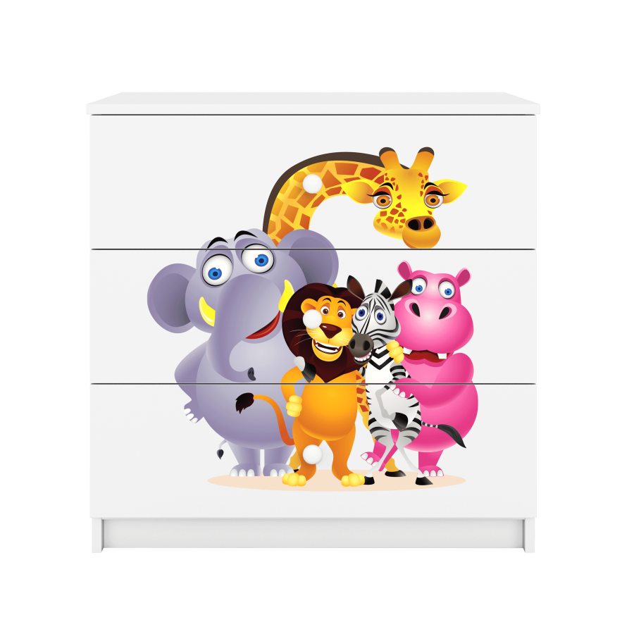 Babydreams barnekommode med dyrehagedyr, m. 3 skuffer - hvit laminat