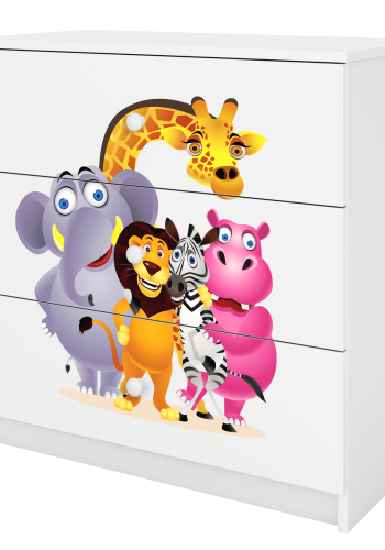 Babydreams barnekommode med dyrehagedyr, m. 3 skuffer - hvit laminat