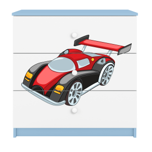 Babydreams brnekommode med racerbil, m. 3 skuffer - hvid og bl laminat