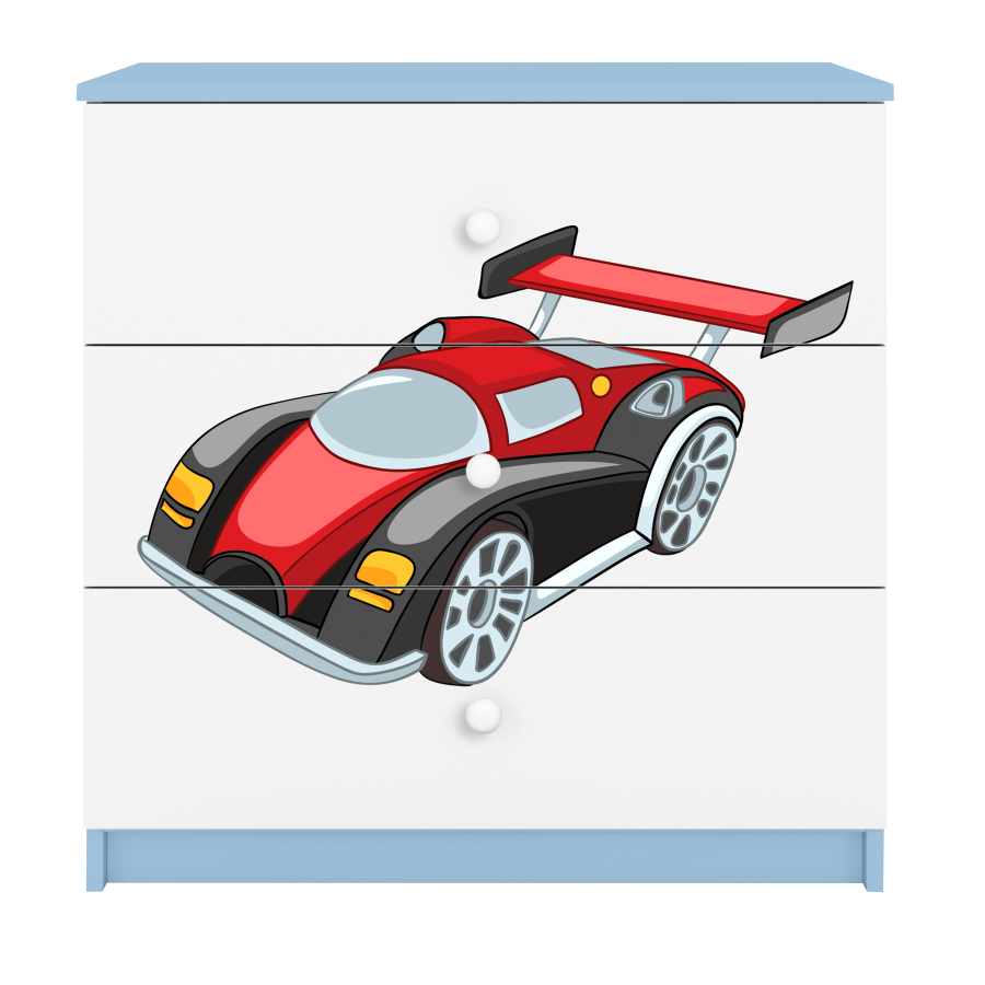 Babydreams barnekommode med racerbil, m. 3 skuffer - hvit og bl laminat
