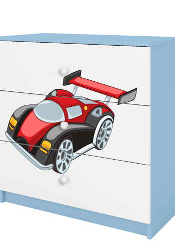 Babydreams barnekommode med racerbil, m. 3 skuffer - hvit og bl laminat