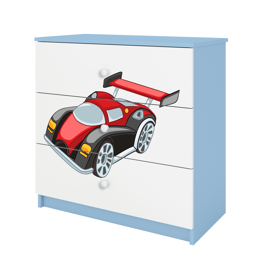 Babydreams barnekommode med racerbil, m. 3 skuffer - hvit og bl laminat