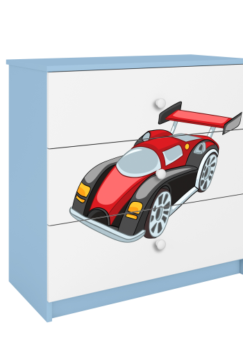 Babydreams barnekommode med racerbil, m. 3 skuffer - hvit og bl laminat