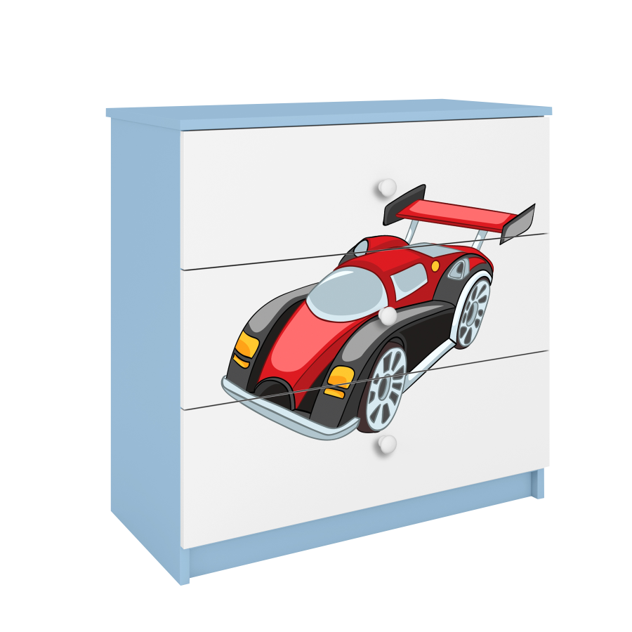 Babydreams barnekommode med racerbil, m. 3 skuffer - hvit og bl laminat