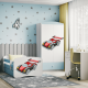Babydreams barnekommode med racerbil, m. 3 skuffer - hvit og bl laminat