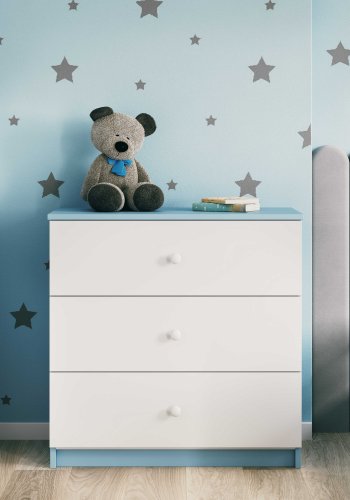 Babydreams kommode for barn, m. 3 skuffer - hvit og bl laminat