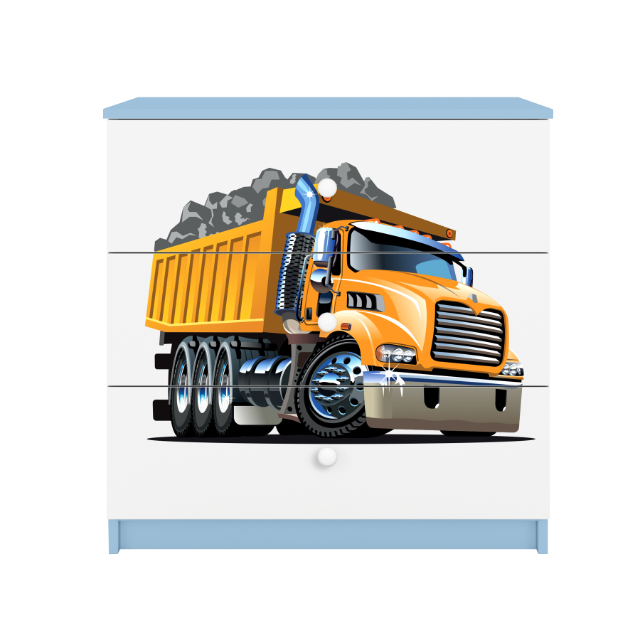 Babydreams barnekommode med lastebil, m. 3 skuffer - hvit og bl laminat