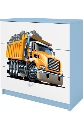 Babydreams barnekommode med lastebil, m. 3 skuffer - hvit og bl laminat