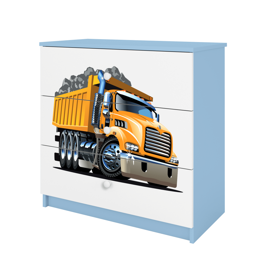 Babydreams barnekommode med lastebil, m. 3 skuffer - hvit og bl laminat