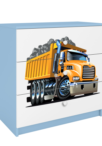 Babydreams barnekommode med lastebil, m. 3 skuffer - hvit og bl laminat