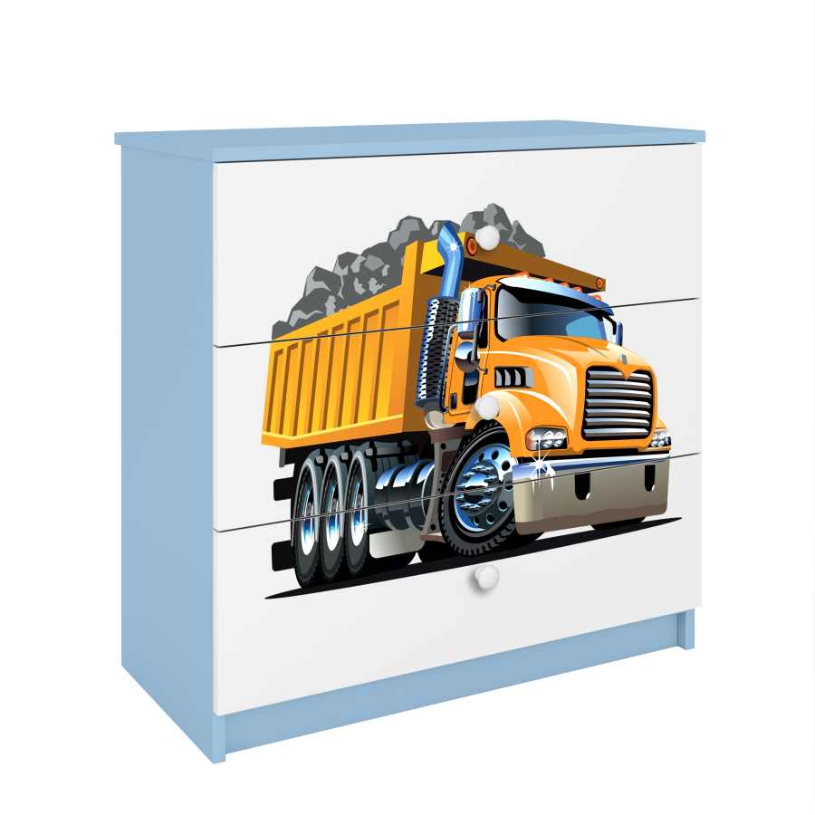 Babydreams barnekommode med lastebil, m. 3 skuffer - hvit og bl laminat