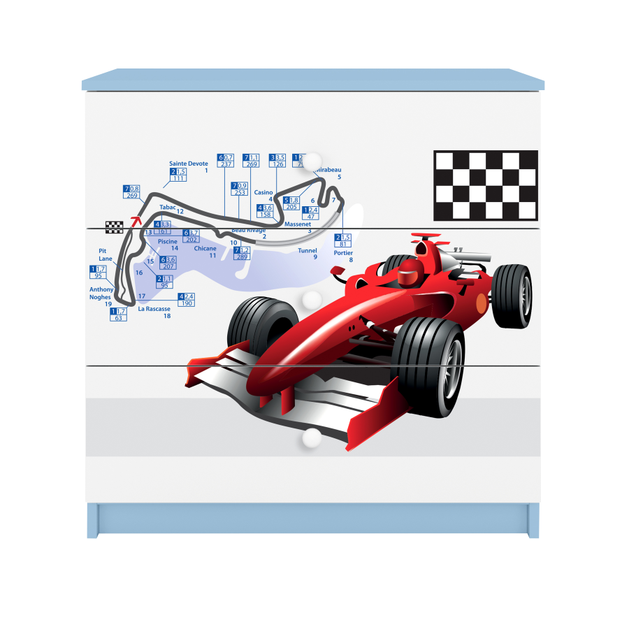 Babydreams barnekommode med racerbil, m. 3 skuffer - hvit og bl laminat