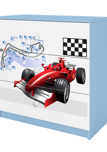 Babydreams barnekommode med racerbil, m. 3 skuffer - hvit og bl laminat