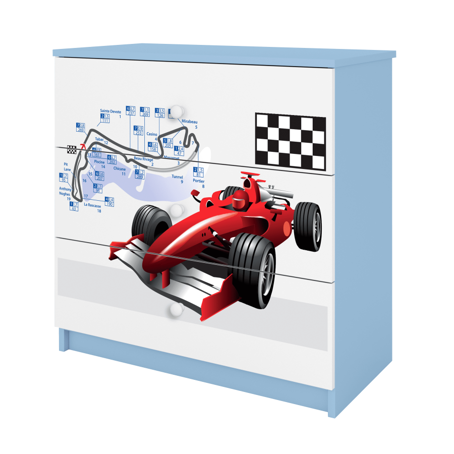 Babydreams barnekommode med racerbil, m. 3 skuffer - hvit og bl laminat