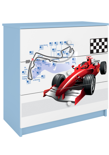 Babydreams barnekommode med racerbil, m. 3 skuffer - hvit og bl laminat