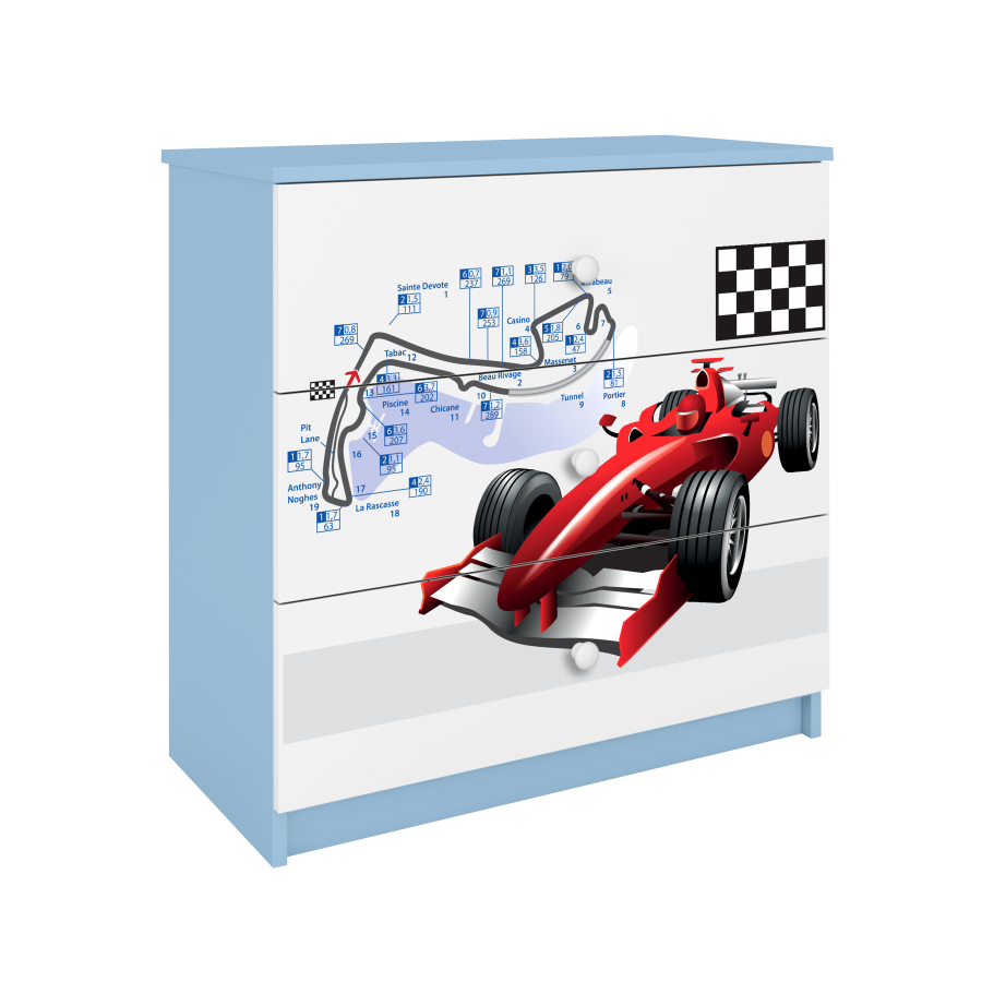 Babydreams barnekommode med racerbil, m. 3 skuffer - hvit og bl laminat