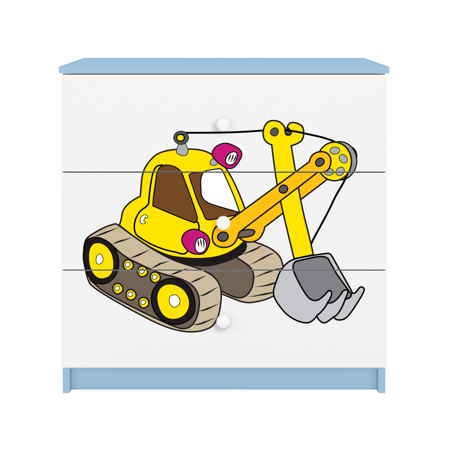 Babydreams barnekommode med gravemaskin, m. 3 skuffer - hvit og bl laminat