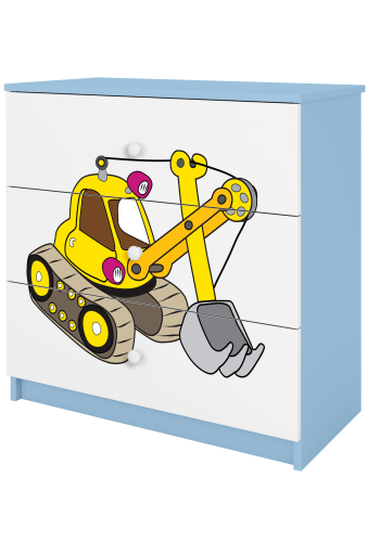 Babydreams barnekommode med gravemaskin, m. 3 skuffer - hvit og bl laminat