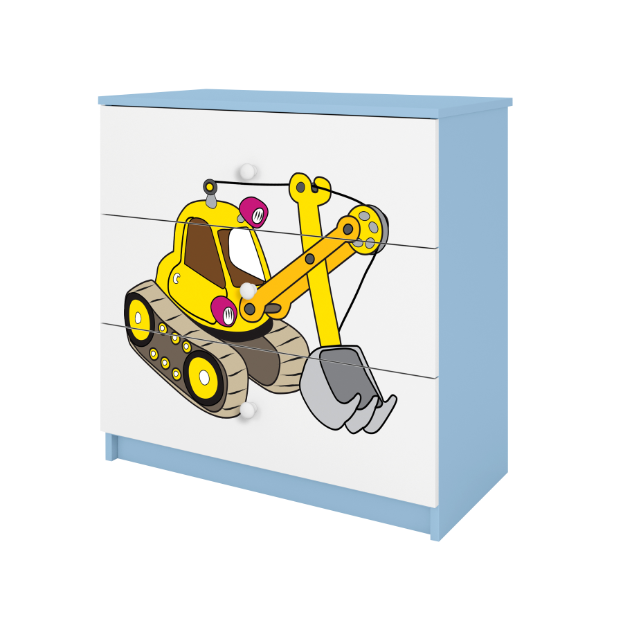 Babydreams barnekommode med gravemaskin, m. 3 skuffer - hvit og bl laminat