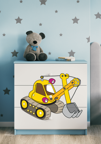 Babydreams barnekommode med gravemaskin, m. 3 skuffer - hvit og bl laminat