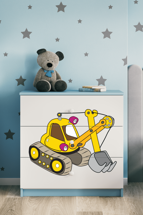 Babydreams barnekommode med gravemaskin, m. 3 skuffer - hvit og bl laminat