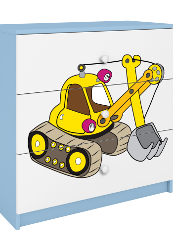 Babydreams barnekommode med gravemaskin, m. 3 skuffer - hvit og bl laminat