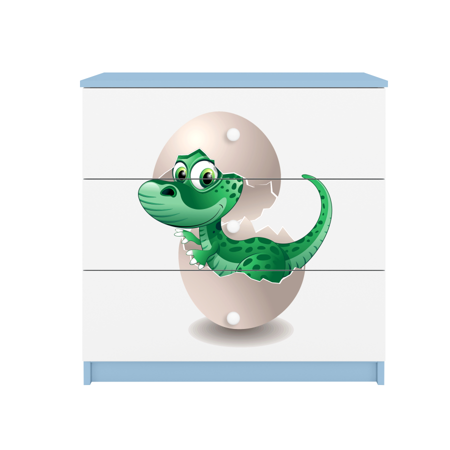 Babydreams barnekommode med liten dino, m. 3 skuffer - hvit og bl laminat