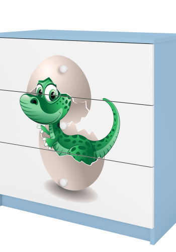 Babydreams barnekommode med liten dino, m. 3 skuffer - hvit og bl laminat