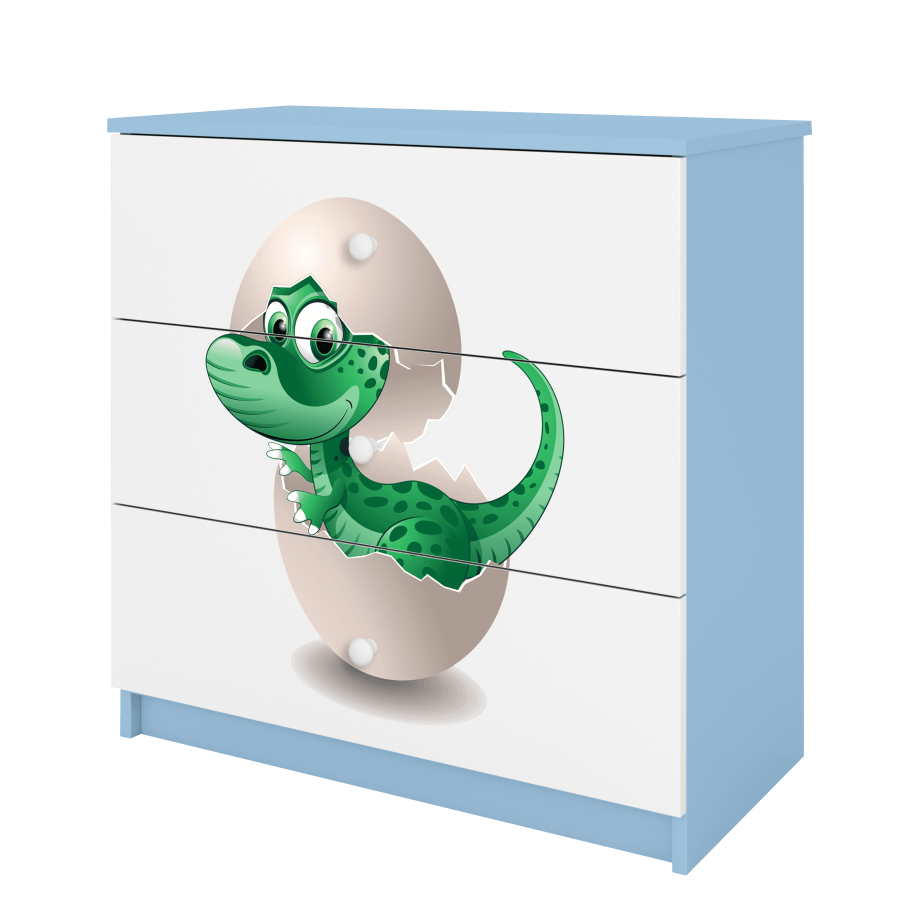Babydreams barnekommode med liten dino, m. 3 skuffer - hvit og bl laminat