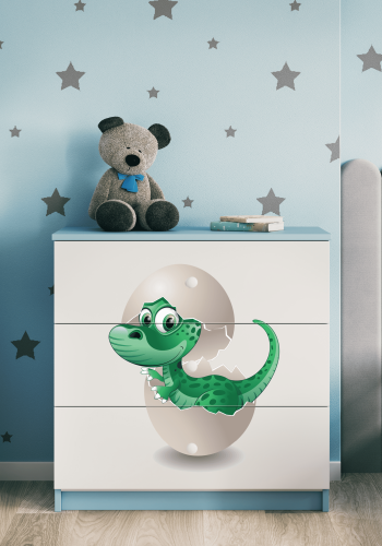 Babydreams barnekommode med liten dino, m. 3 skuffer - hvit og bl laminat