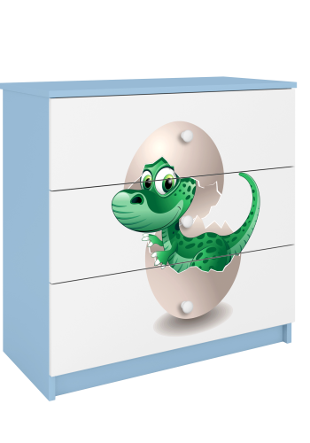 Babydreams barnekommode med liten dino, m. 3 skuffer - hvit og bl laminat