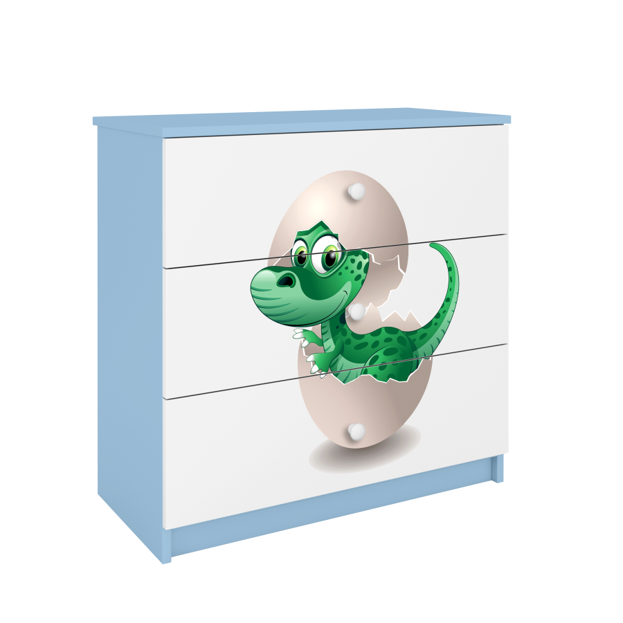 Babydreams barnekommode med liten dino, m. 3 skuffer - hvit og bl laminat