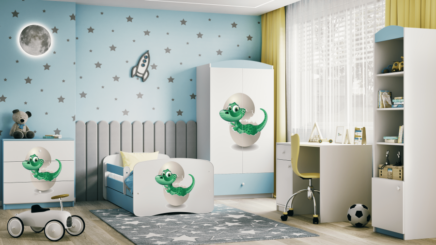 Babydreams barnekommode med liten dino, m. 3 skuffer - hvit og bl laminat