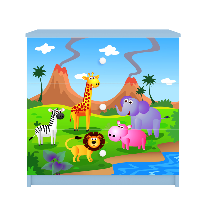 Babydreams barnekommode med safaridyr, m. 3 skuffer - hvit og bl laminat