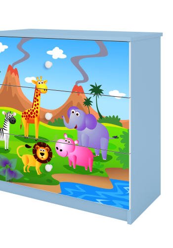 Babydreams barnekommode med safaridyr, m. 3 skuffer - hvit og bl laminat