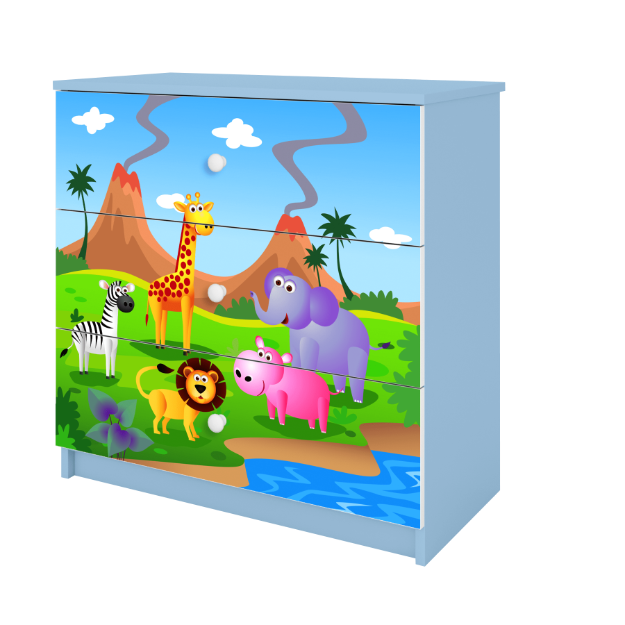 Babydreams barnekommode med safaridyr, m. 3 skuffer - hvit og bl laminat