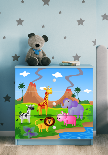 Babydreams barnekommode med safaridyr, m. 3 skuffer - hvit og bl laminat