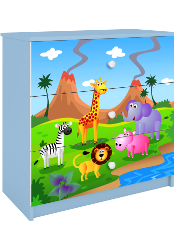 Babydreams barnekommode med safaridyr, m. 3 skuffer - hvit og bl laminat