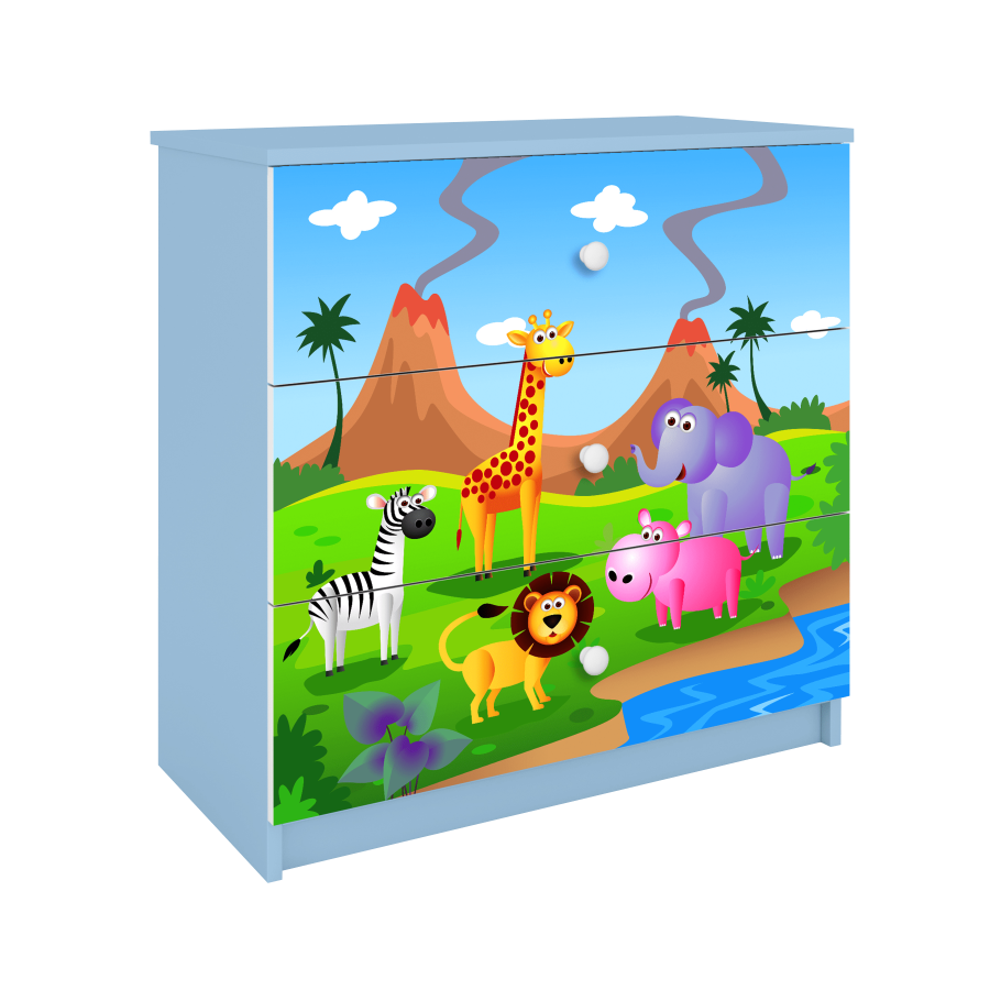 Babydreams barnekommode med safaridyr, m. 3 skuffer - hvit og bl laminat
