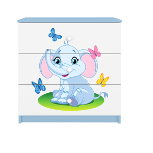 Babydreams brnekommode med elefant med sommerfugle, m. 3 skuffer - hvid og bl laminat