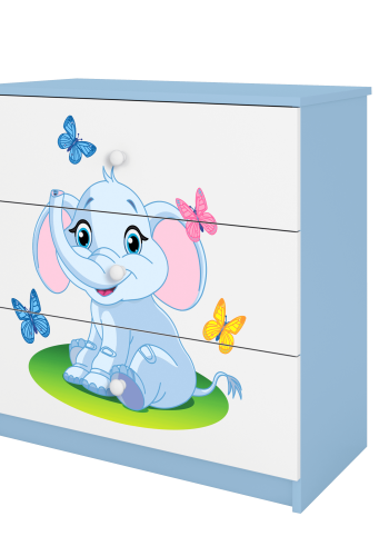 Babydreams barnekommode med elefant og sommerfugler, m. 3 skuffer - hvit og bl laminat