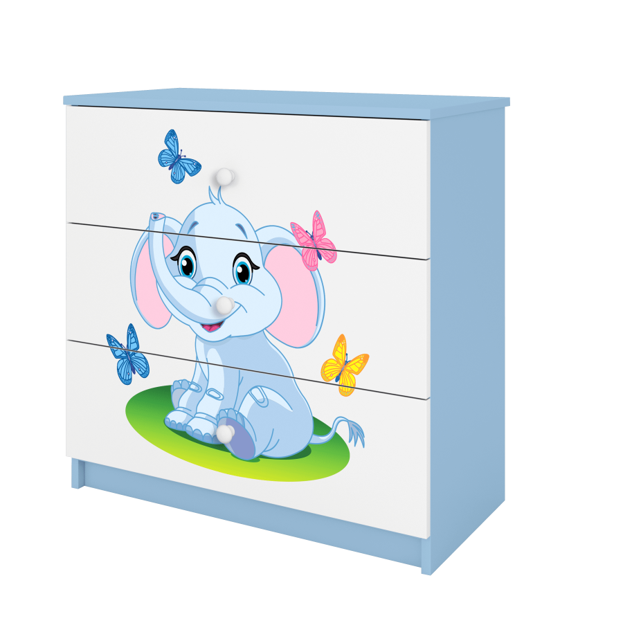 Babydreams barnekommode med elefant og sommerfugler, m. 3 skuffer - hvit og bl laminat