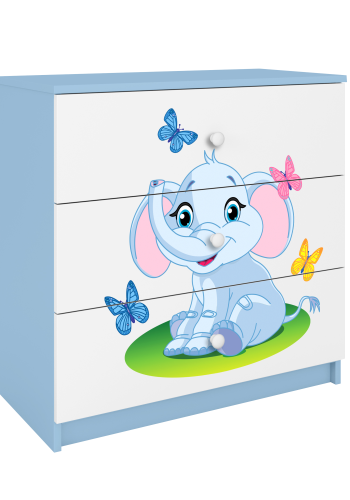 Babydreams barnekommode med elefant og sommerfugler, m. 3 skuffer - hvit og bl laminat