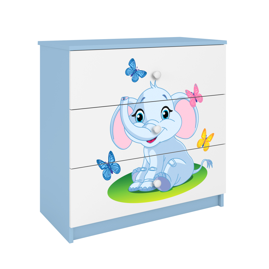 Babydreams barnekommode med elefant og sommerfugler, m. 3 skuffer - hvit og bl laminat