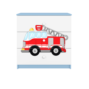 Babydreams brnekommode med brandbil, m. 3 skuffer - hvid og bl laminat