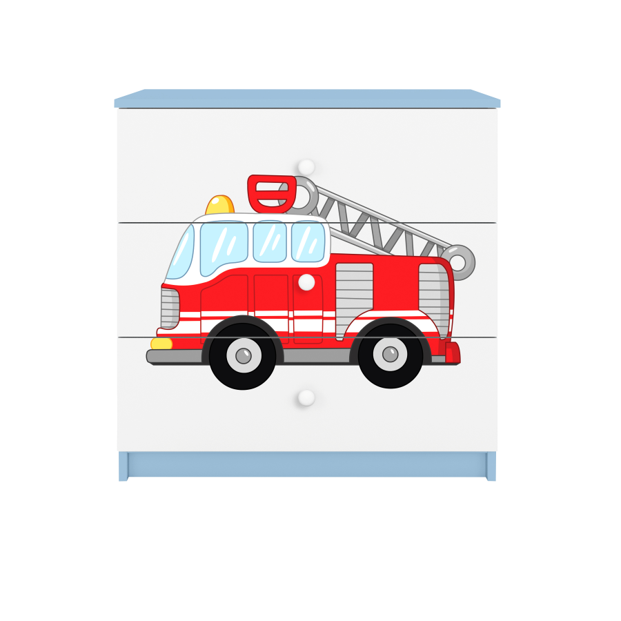 Babydreams barnekommode med brannbil, m. 3 skuffer - hvit og bl laminat