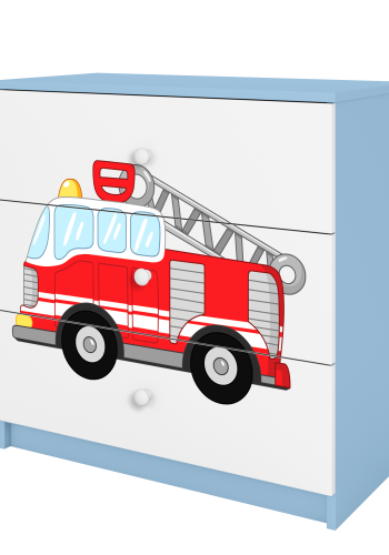 Babydreams barnekommode med brannbil, m. 3 skuffer - hvit og bl laminat