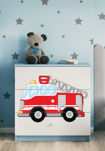 Babydreams barnekommode med brannbil, m. 3 skuffer - hvit og bl laminat