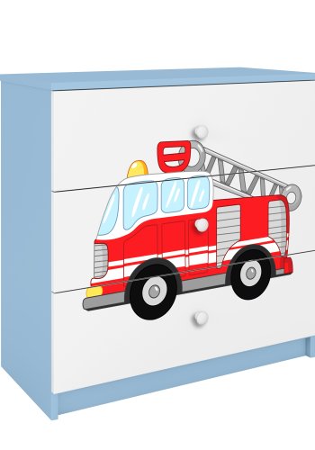 Babydreams barnekommode med brannbil, m. 3 skuffer - hvit og bl laminat