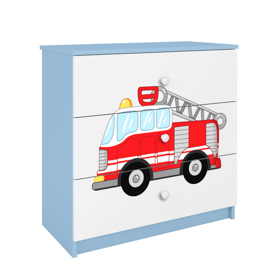 Babydreams barnekommode med brannbil, m. 3 skuffer - hvit og bl laminat